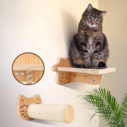 Wall-Mounted Cat Hammock & Perch – Space-Saving Wooden Climbing Tree & Scratching Post