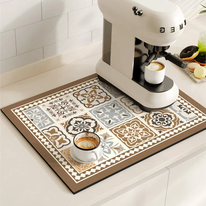 Retro Coffee Maker Mat – Non-Slip Quick-Dry Dish Drying Pad for Kitchen & Tableware