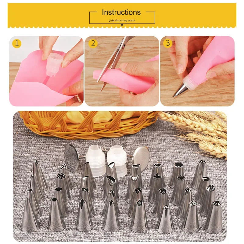 32-Piece Cake Decorating Set – Stainless Steel Piping Nozzles & Pastry Bags for Icing & Baking