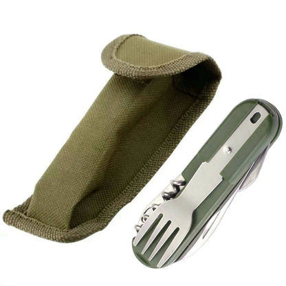 2022 Portable Camping Cutlery Set – Folding Army Green Knife, Fork, Spoon & Bottle Opener