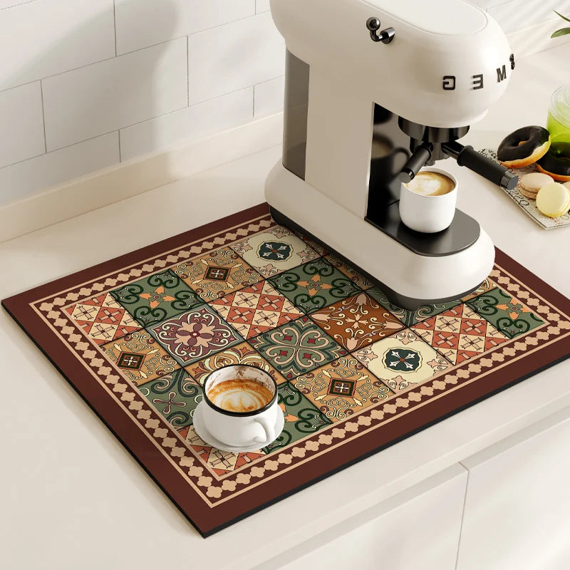 Retro Coffee Maker Mat – Non-Slip Quick-Dry Dish Drying Pad for Kitchen & Tableware