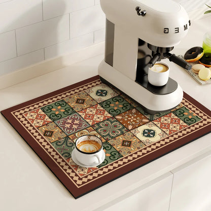 Retro Coffee Maker Mat – Non-Slip Quick-Dry Dish Drying Pad for Kitchen & Tableware