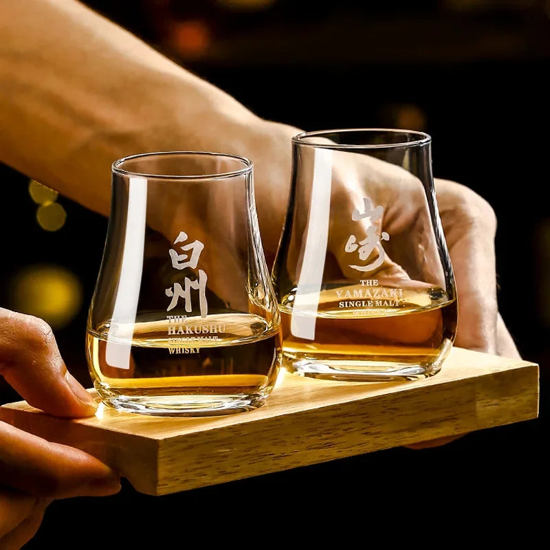 Whiskey Tumblers  Glassware Round egg shaped clear Old Fashioned Whiskey Glasses with Wooden tray  for Bourbon Barware