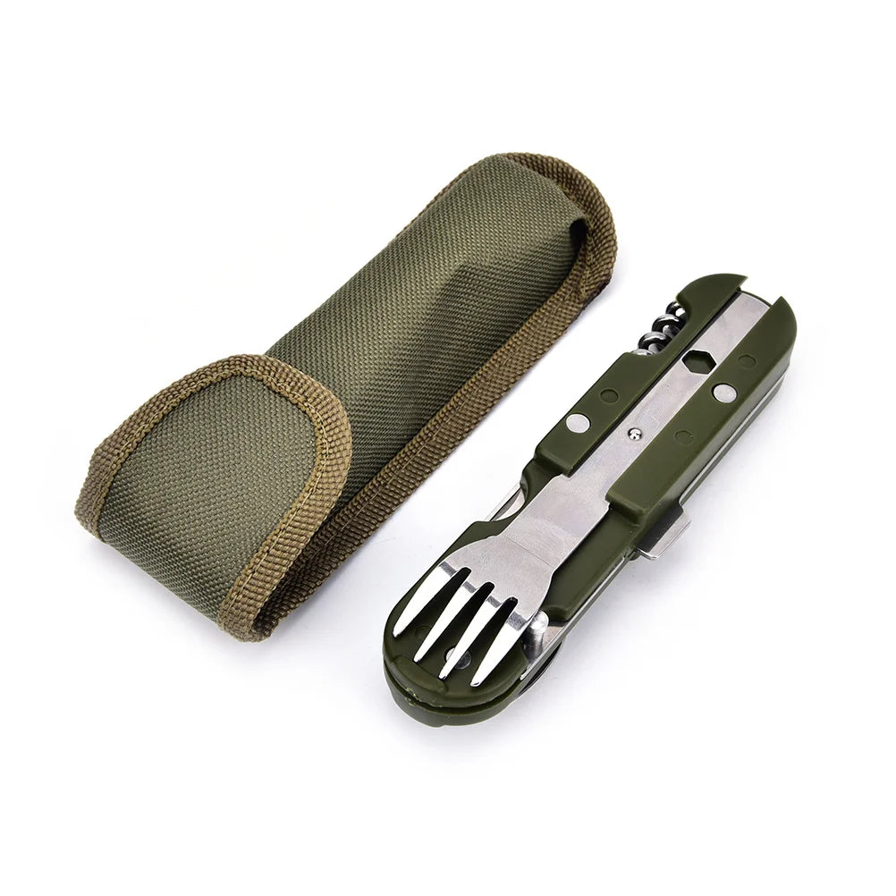 2022 Portable Camping Cutlery Set – Folding Army Green Knife, Fork, Spoon & Bottle Opener