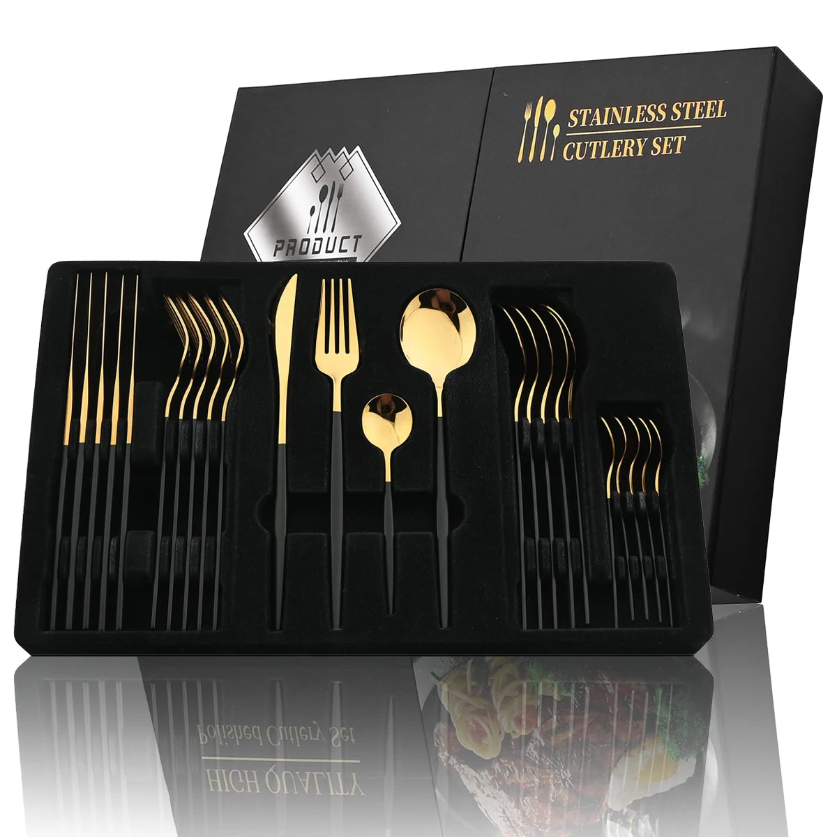 24-Piece Black & Gold Cutlery Set – Stainless Steel Flatware for Elegant Dining & Gifts