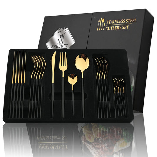 24-Piece Black & Gold Cutlery Set – Stainless Steel Flatware for Elegant Dining & Gifts