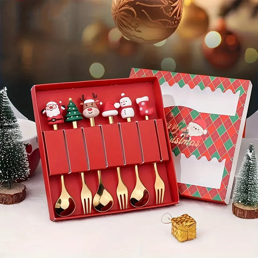 2/4/6-Piece Christmas Fork & Spoon Set – Stainless Steel Festive Tableware for Coffee, Tea & Desserts