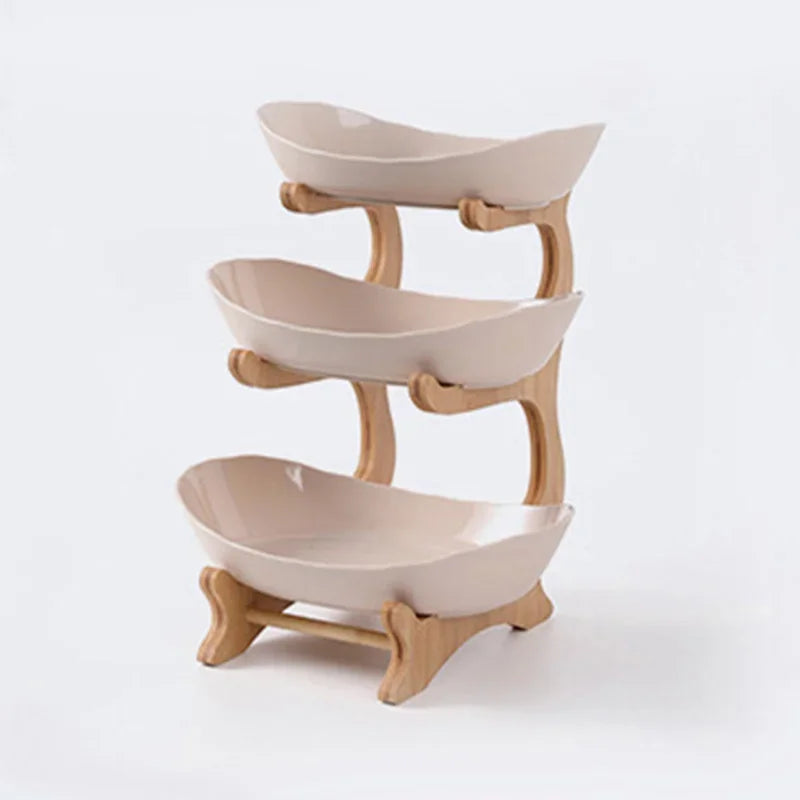 3-Tier Wooden Fruit Bowl & Snack Stand – Partitioned Table Plates for Dinnerware & Desserts