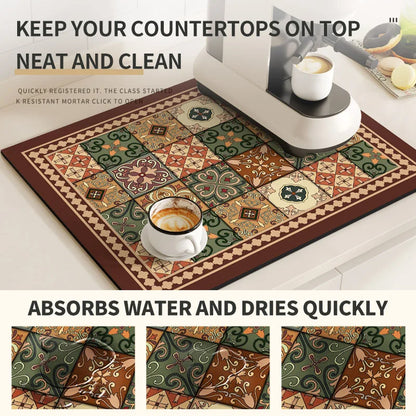 Retro Coffee Maker Mat – Non-Slip Quick-Dry Dish Drying Pad for Kitchen & Tableware