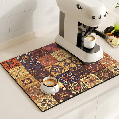 Retro Coffee Maker Mat – Non-Slip Quick-Dry Dish Drying Pad for Kitchen & Tableware