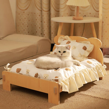 Wooden Cat & Dog Bed – Durable Indoor Pet Furniture with Teddy Bear Pattern (20x11'')