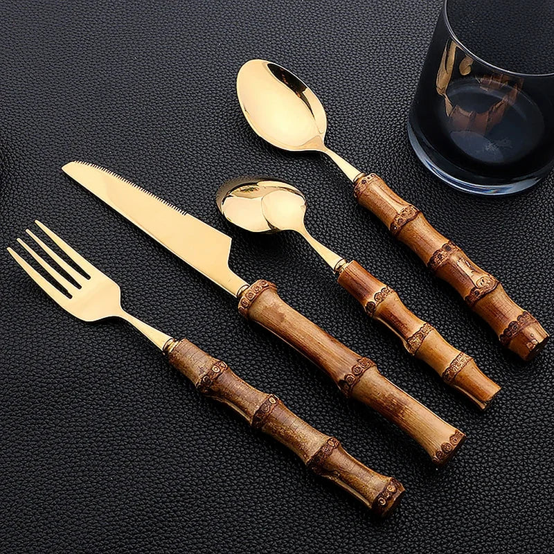 24-Piece Bamboo Cutlery Set – Stainless Steel Flatware with Natural Bamboo Handles