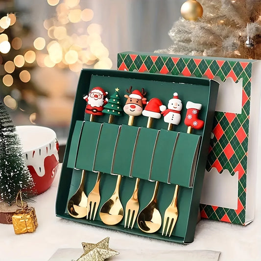 2/4/6-Piece Christmas Fork & Spoon Set – Stainless Steel Festive Tableware for Coffee, Tea & Desserts