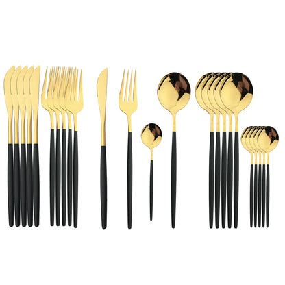 24-Piece Black & Gold Cutlery Set – Stainless Steel Flatware for Elegant Dining & Gifts