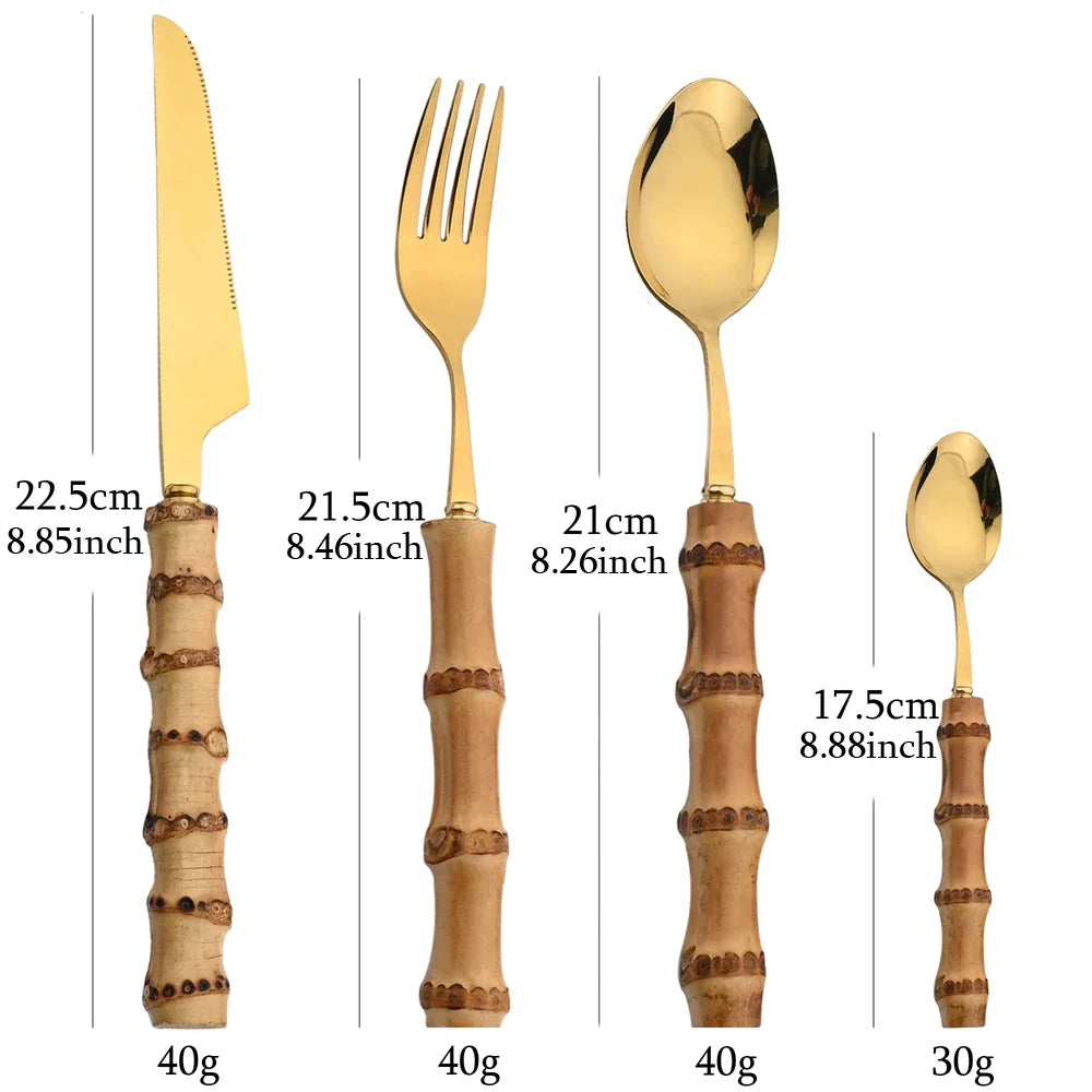 24-Piece Bamboo Cutlery Set – Stainless Steel Flatware with Natural Bamboo Handles