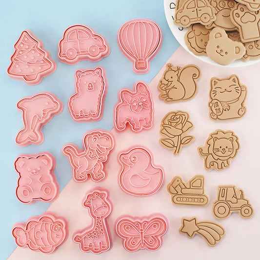 8-Piece 3D Cartoon Cookie Cutter Set – Pressable Plastic Biscuit & Pastry Molds for Baking