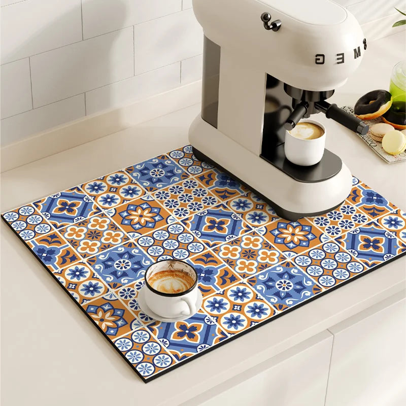 Retro Coffee Maker Mat – Non-Slip Quick-Dry Dish Drying Pad for Kitchen & Tableware