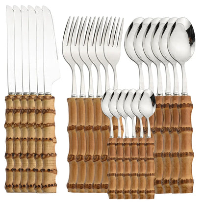 24-Piece Bamboo Cutlery Set – Stainless Steel Flatware with Natural Bamboo Handles