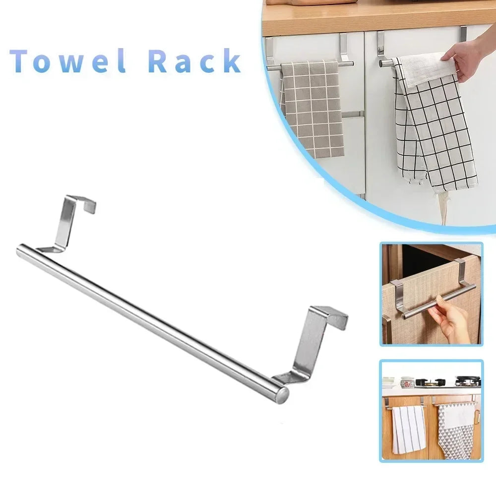 Stainless Steel Over-Door Towel Rack – Hanging Holder for Bathroom & Kitchen Cabinets