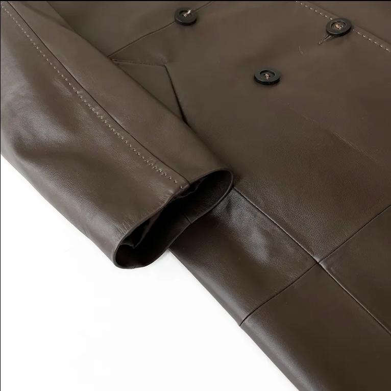 2025 Women's Genuine Sheepskin Leather Trench Coat – Long Brown Double-Breasted Luxury Jacket