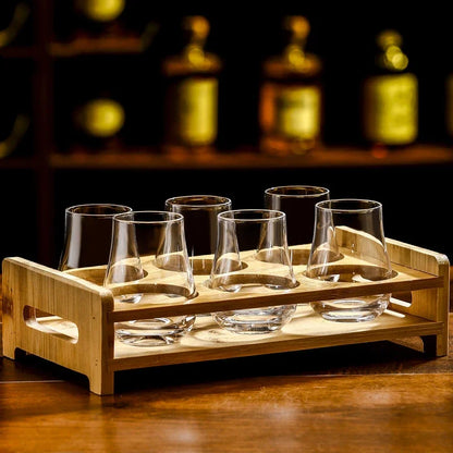 Whiskey Tumblers  Glassware Round egg shaped clear Old Fashioned Whiskey Glasses with Wooden tray  for Bourbon Barware