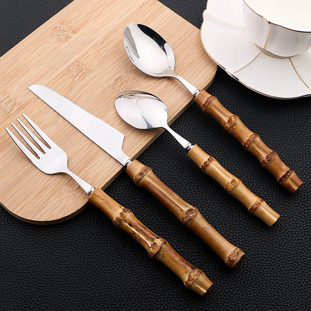 24-Piece Bamboo Cutlery Set – Stainless Steel Flatware with Natural Bamboo Handles