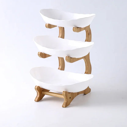 3-Tier Wooden Fruit Bowl & Snack Stand – Partitioned Table Plates for Dinnerware & Desserts