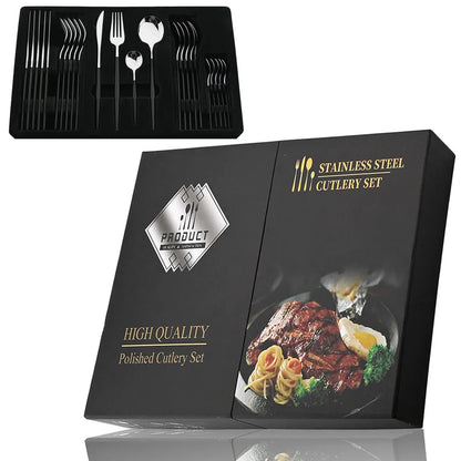 24-Piece Black & Gold Cutlery Set – Stainless Steel Flatware for Elegant Dining & Gifts