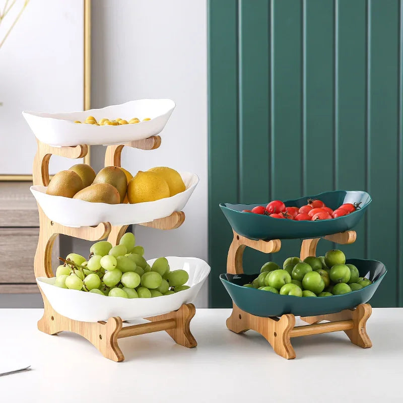 3-Tier Wooden Fruit Bowl & Snack Stand – Partitioned Table Plates for Dinnerware & Desserts