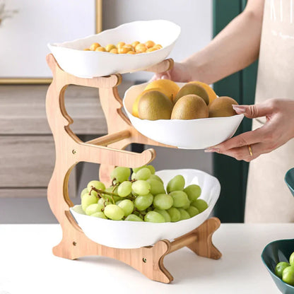 3-Tier Wooden Fruit Bowl & Snack Stand – Partitioned Table Plates for Dinnerware & Desserts