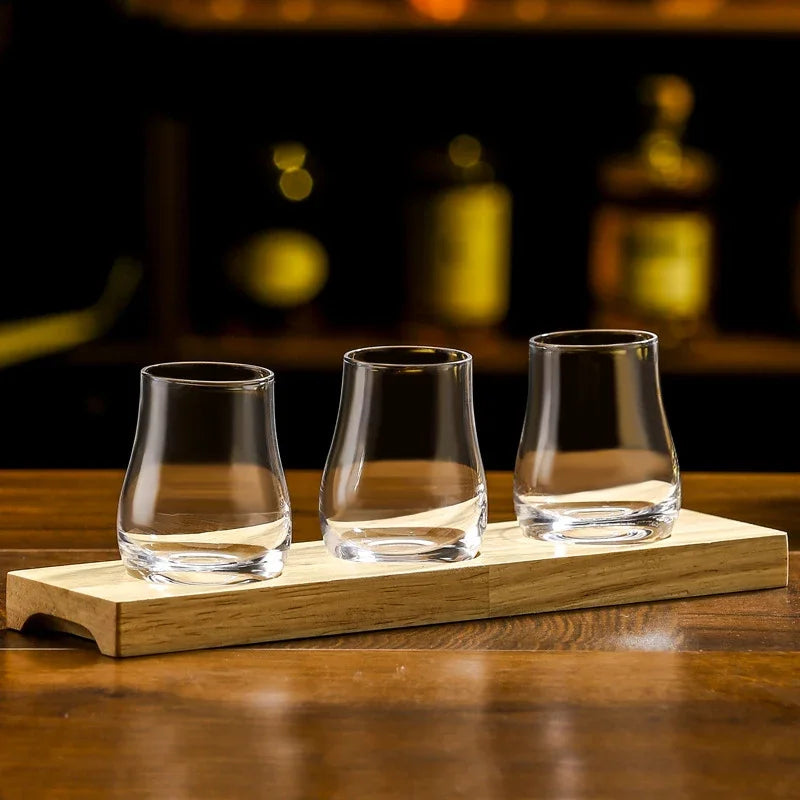 Whiskey Tumblers  Glassware Round egg shaped clear Old Fashioned Whiskey Glasses with Wooden tray  for Bourbon Barware