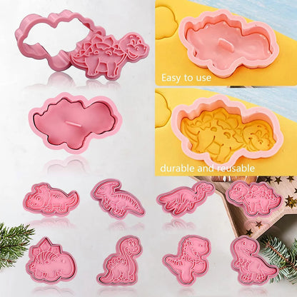 8-Piece 3D Dinosaur Cookie Cutter Set – Pressable Plastic Biscuit & Dough Stamp Molds