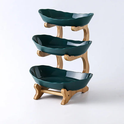 3-Tier Wooden Fruit Bowl & Snack Stand – Partitioned Table Plates for Dinnerware & Desserts