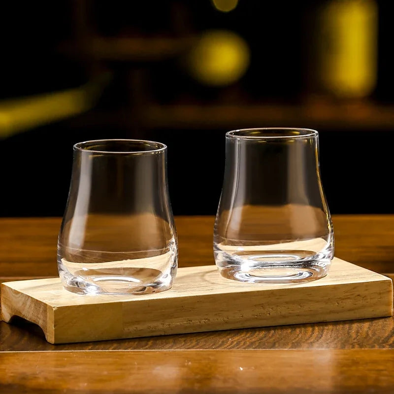 Whiskey Tumblers  Glassware Round egg shaped clear Old Fashioned Whiskey Glasses with Wooden tray  for Bourbon Barware