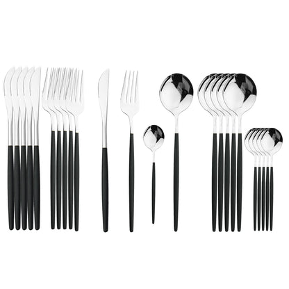 24-Piece Black & Gold Cutlery Set – Stainless Steel Flatware for Elegant Dining & Gifts