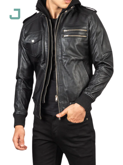 Bravado Black Hooded Leather Bomber Jacket – Stylish & Durable Outerwear