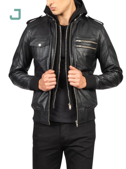 Bravado Black Hooded Leather Bomber Jacket – Stylish & Durable Outerwear