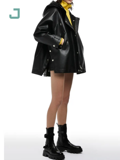 Wholesale Custom Women's Black Leather Trench Coat – Medium Length, Hooded & Luxury Loose Fit