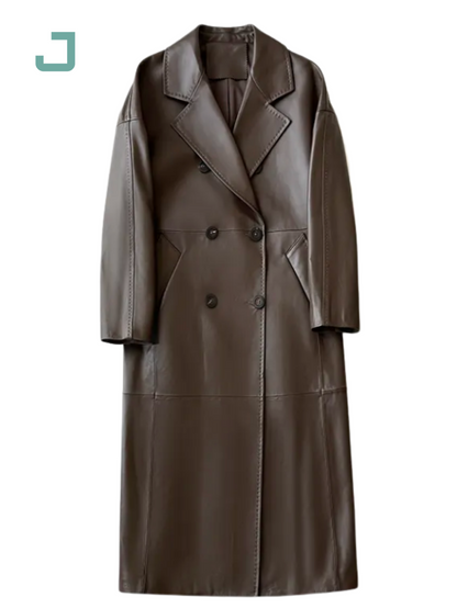 2025 Women's Genuine Sheepskin Leather Trench Coat – Long Brown Double-Breasted Luxury Jacket