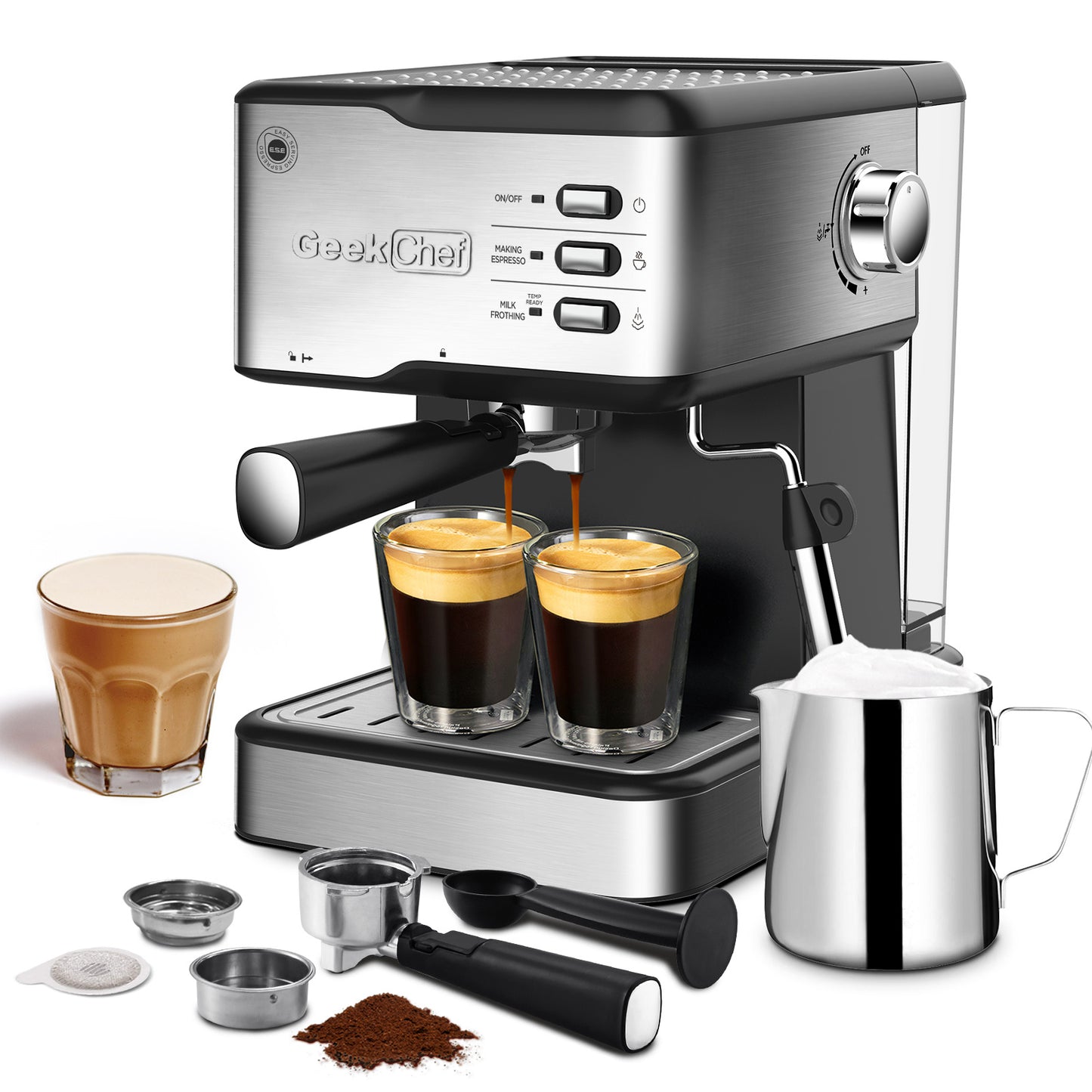 Geek Chef 20-Bar Espresso Machine – Cappuccino & Latte Maker with Milk Frother, ESE Pod Compatible, 950W, 1.5L Tank