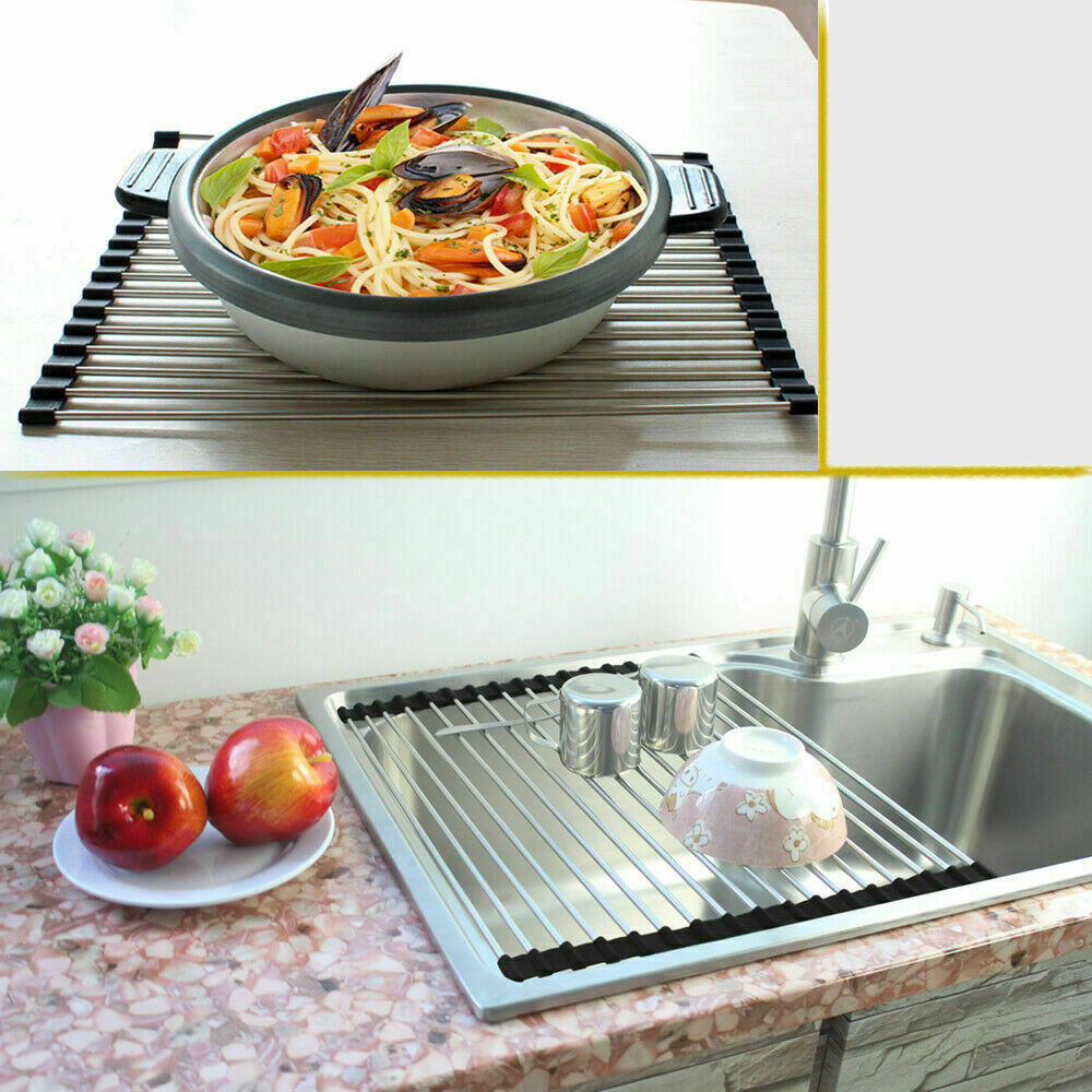 Roll-Up Stainless Steel Sink Drying Rack – Space-Saving Dish Drainer Mat