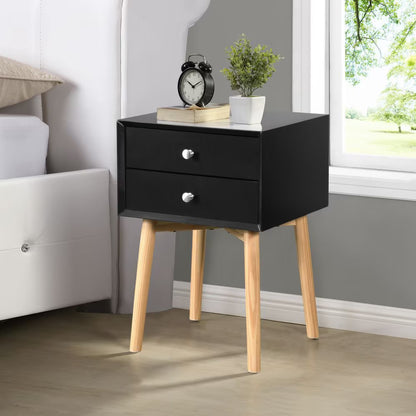 Mid-Century Modern Bedside Table – 2-Drawer Side Table with Rubber Wood Legs