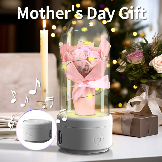 2-in-1 LED Rose Bouquet & Bluetooth Speaker – Romantic Night Light Gift in Glass Cover