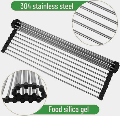 Roll-Up Stainless Steel Sink Drying Rack – Space-Saving Dish Drainer Mat