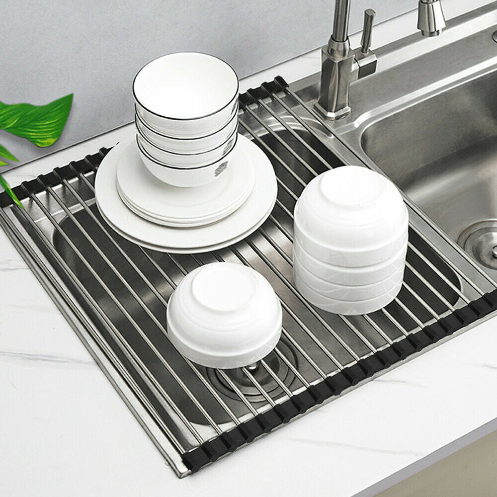 Roll-Up Stainless Steel Sink Drying Rack – Space-Saving Dish Drainer Mat