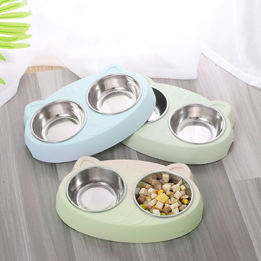 Double Dog Bowls – Stainless Steel Food & Water Feeder with Non-Slip Resin Base for Cats & Medium Dogs