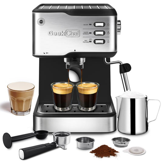 Geek Chef 20-Bar Espresso Machine – Cappuccino & Latte Maker with Milk Frother, ESE Pod Compatible, 950W, 1.5L Tank