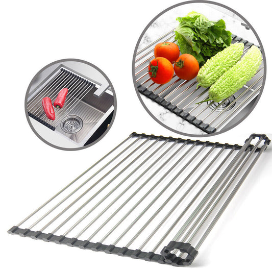 Roll-Up Stainless Steel Sink Drying Rack – Space-Saving Dish Drainer Mat