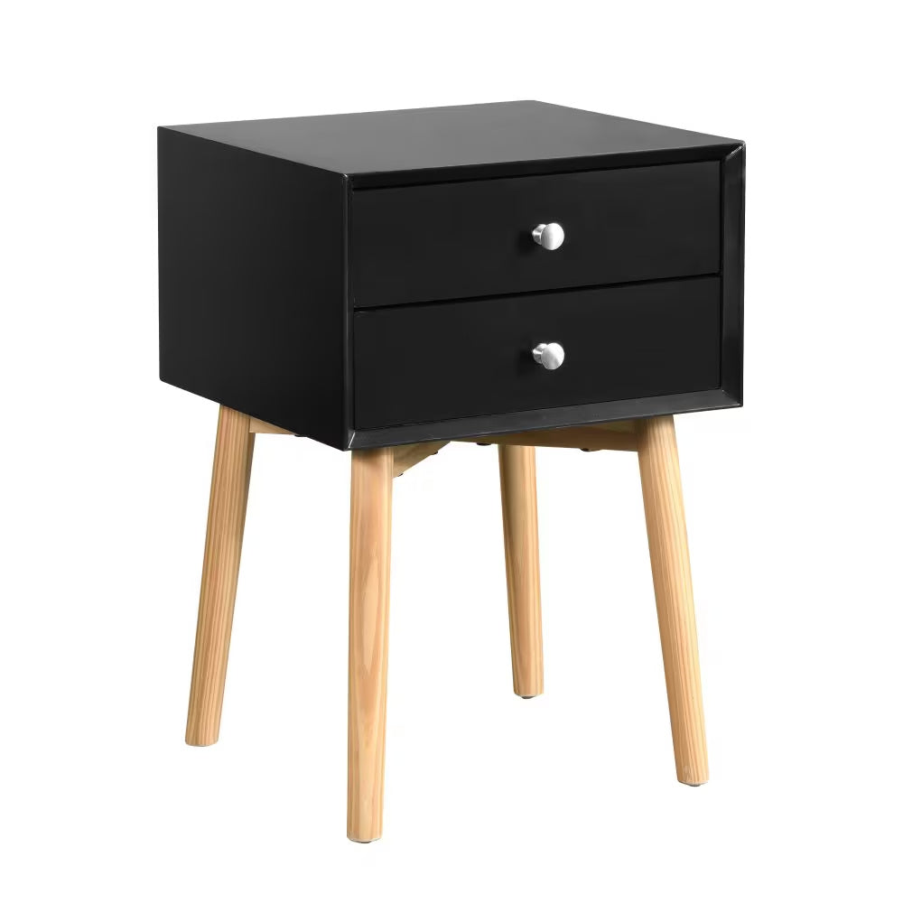 Mid-Century Modern Bedside Table – 2-Drawer Side Table with Rubber Wood Legs