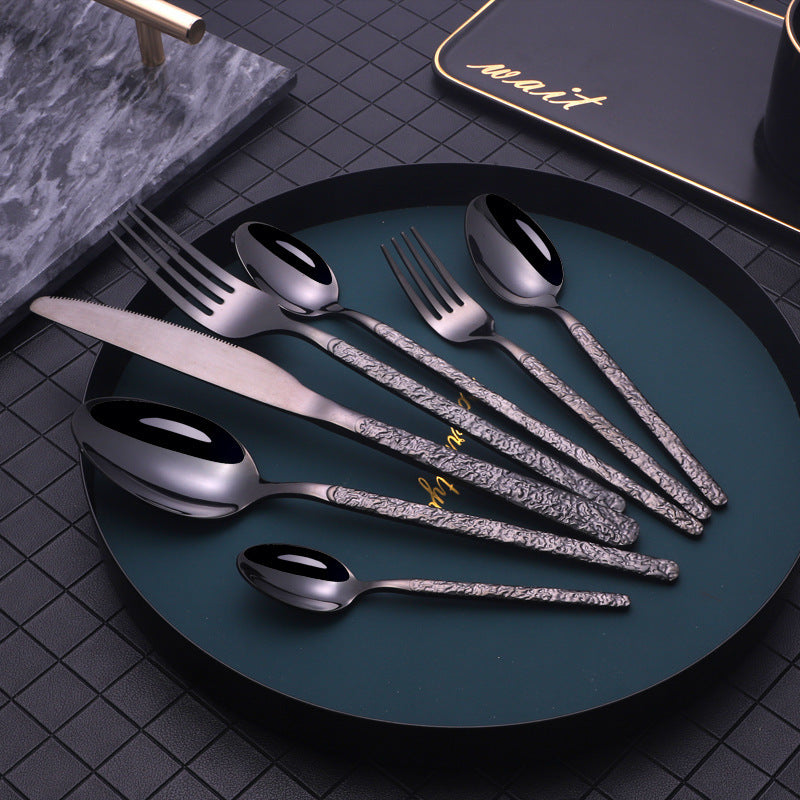 Embossed Textured Handle Steak Cutlery – Elegant Western Style Knife & Fork Set